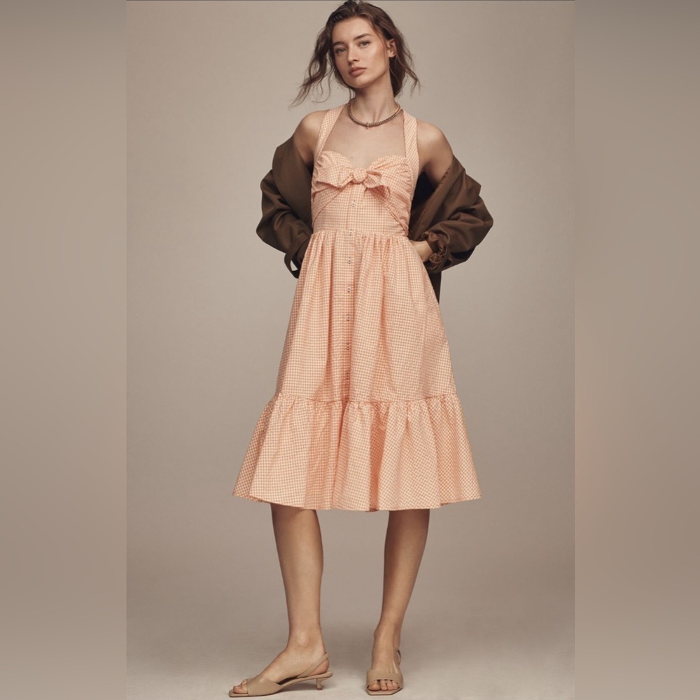 NWT! Anthropologie Orange Gingham Maeve Halter Bow-Front Midi Dress - Size XS 🎾